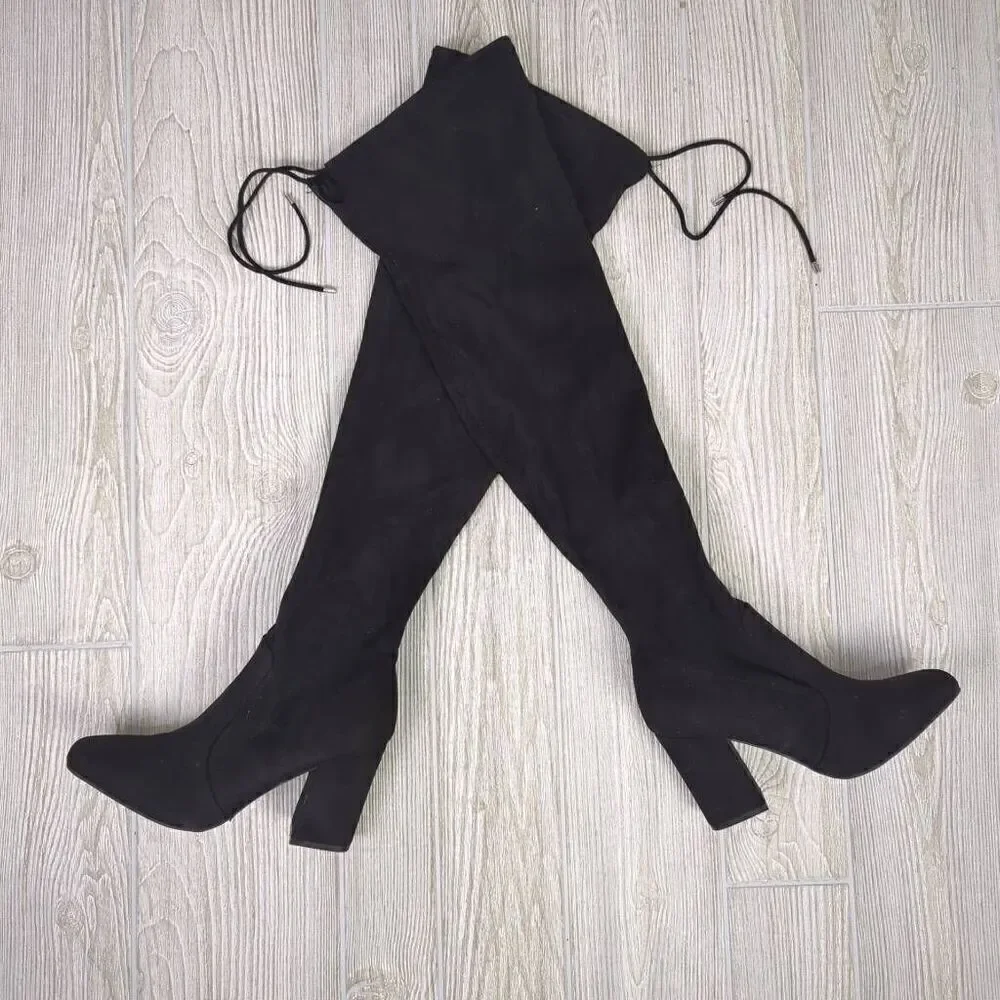 Unisa Black Over The Knee Stretch Heeled Boots Size 7 Medium Faux Suede